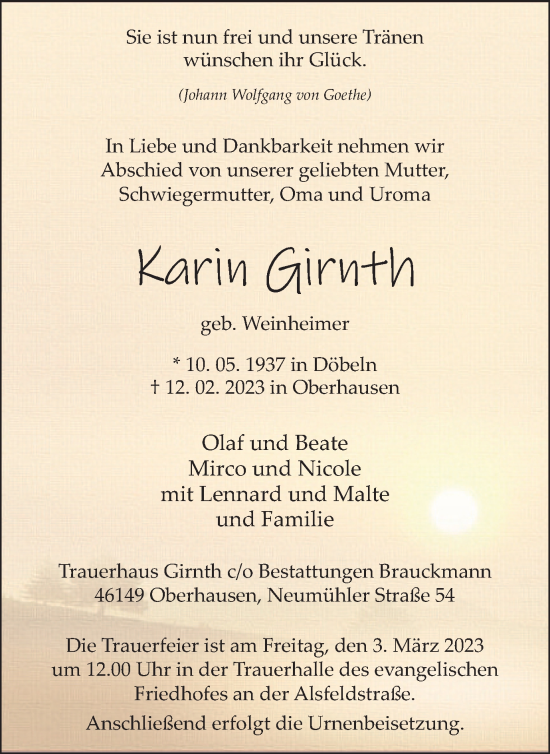 Traueranzeige von Karin Girnth von WVW Anzeigenblätter