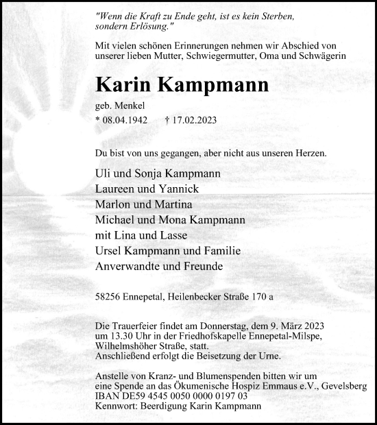 Traueranzeige von Karin Kampmann von Tageszeitung