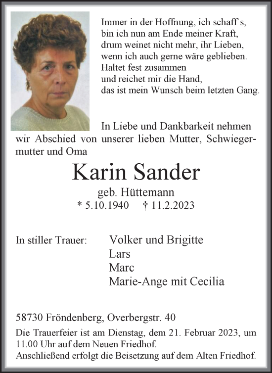 Traueranzeige von Karin Sander von WVW Anzeigenblätter