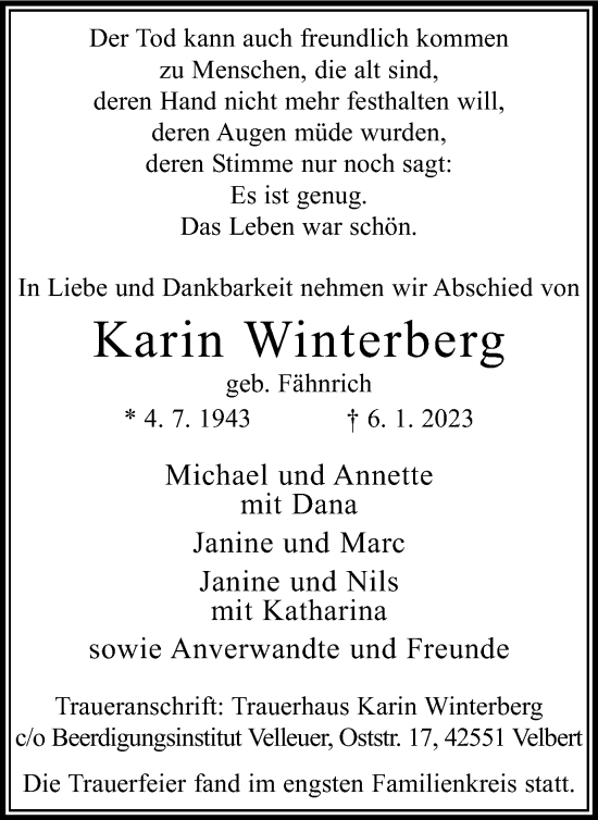 Traueranzeige von Karin Winterberg von WVW Anzeigenblätter
