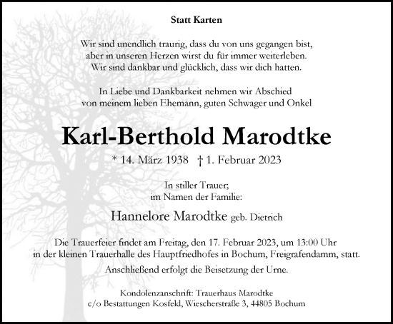 Traueranzeige von Karl-Berthold Marodtke von Tageszeitung