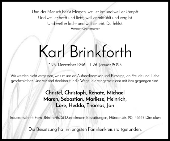 Traueranzeige von Karl Brinkforth von Tageszeitung