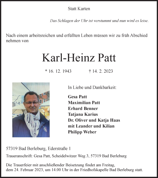 Traueranzeige von Karl-Heinz Patt von Tageszeitung