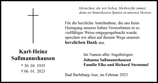 Traueranzeige von Karl-Heinz Saßmannshausen von Tageszeitung
