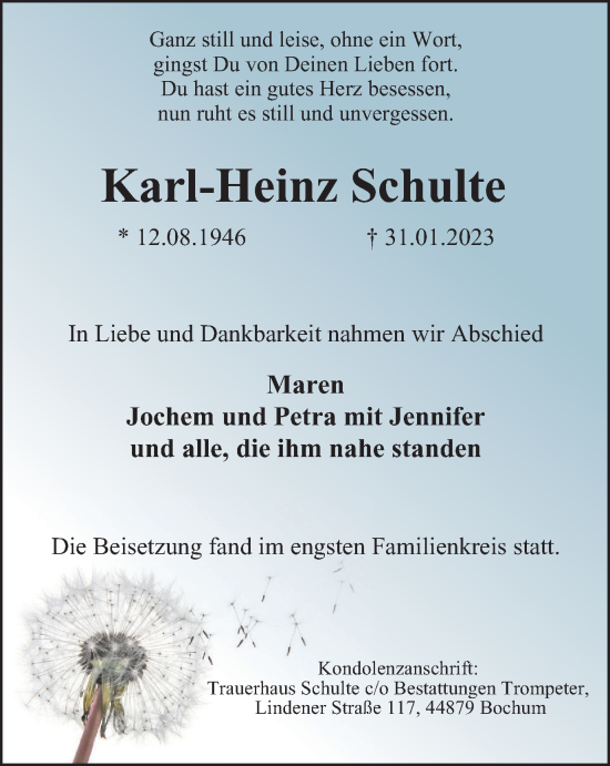 Traueranzeige von Karl-Heinz Schulte von Tageszeitung