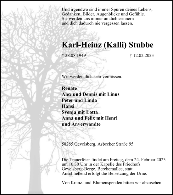 Traueranzeige von Karl-Heinz Stubbe von Tageszeitung