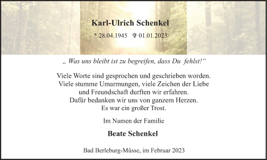 Traueranzeige von Karl-Ulrich Schenkel von Tageszeitung