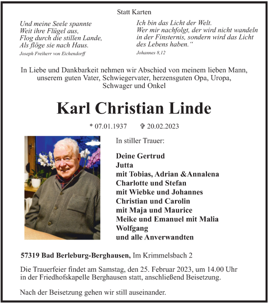 Traueranzeige von Karl Christian Linde von Tageszeitung