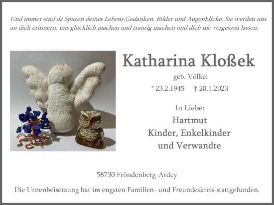 Traueranzeige von Katharina Kloßek von WVW Anzeigenblätter