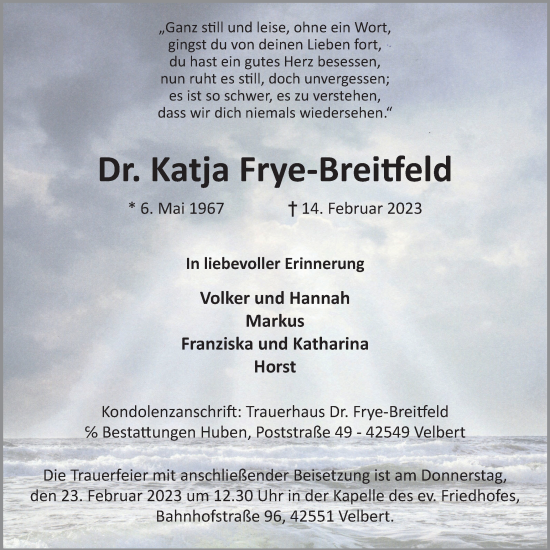 Traueranzeige von Katja Frye-Breitfeld von WVW Anzeigenblätter
