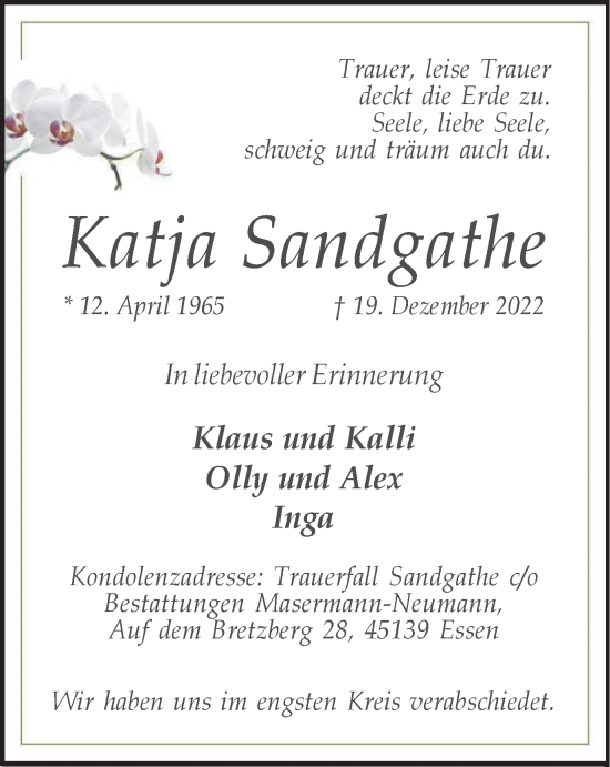 Traueranzeige von Katja Sandgathe von Tageszeitung