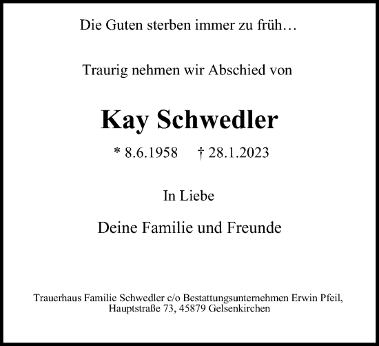 Traueranzeige von Kay Schwedler von WVW Anzeigenblätter