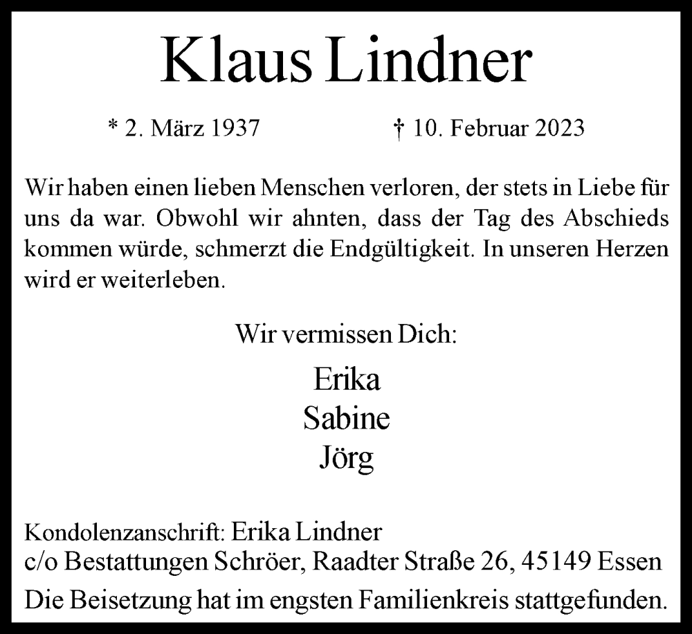  Traueranzeige für Klaus Lindner vom 25.02.2023 aus Tageszeitung