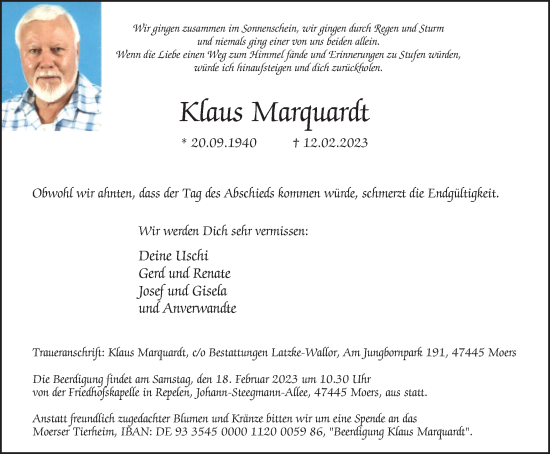 Traueranzeige von Klaus Marquardt von Tageszeitung