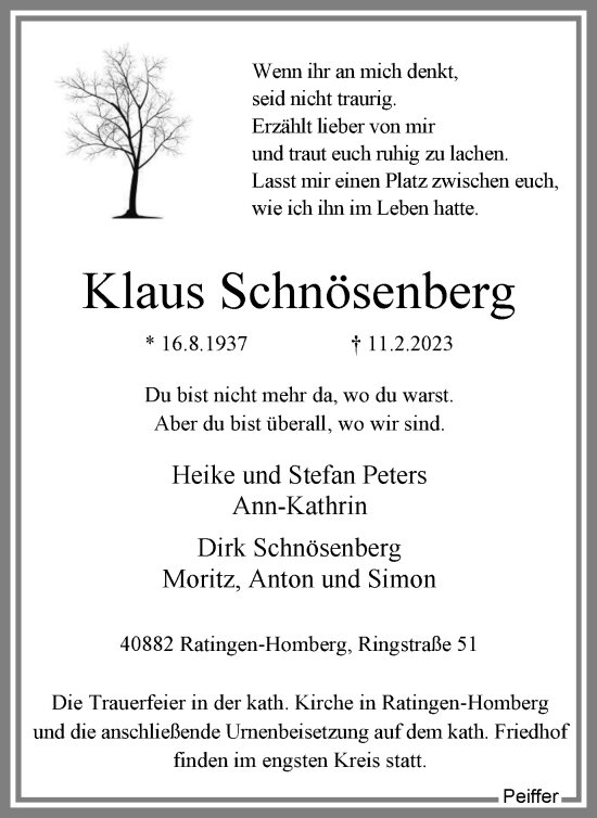 Traueranzeige von Klaus Schnösenberg von WVW Anzeigenblätter