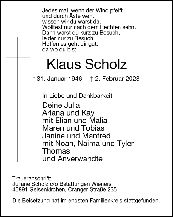 Traueranzeige von Klaus Scholz von Tageszeitung