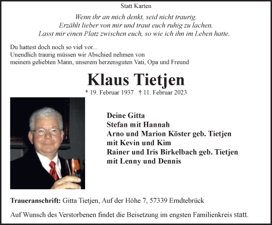 Traueranzeige von Klaus Tietjen von Tageszeitung