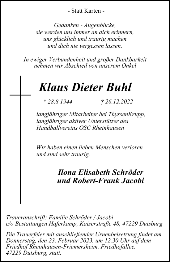 Traueranzeige von Klaus Dieter Buhl von Tageszeitung