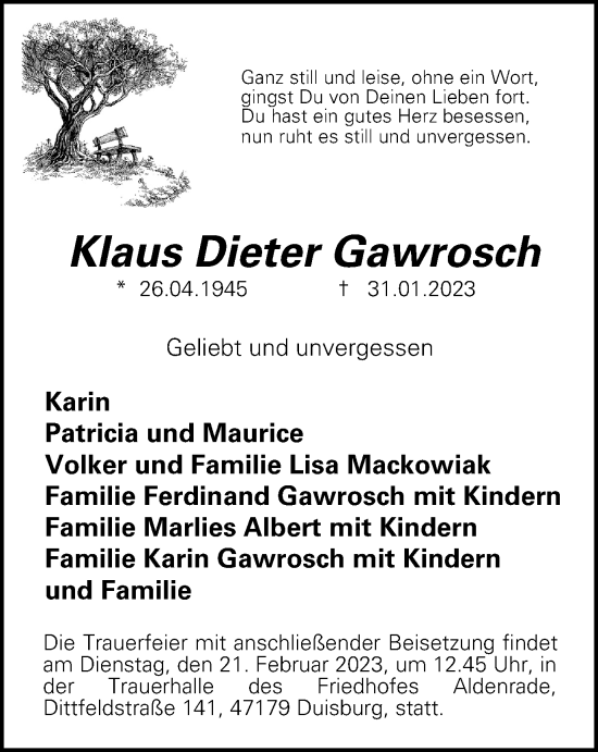 Traueranzeige von Klaus Dieter Gawrosch von Tageszeitung