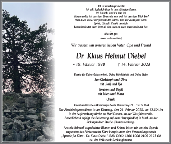 Traueranzeige von Klaus Helmut Diebel von Tageszeitung