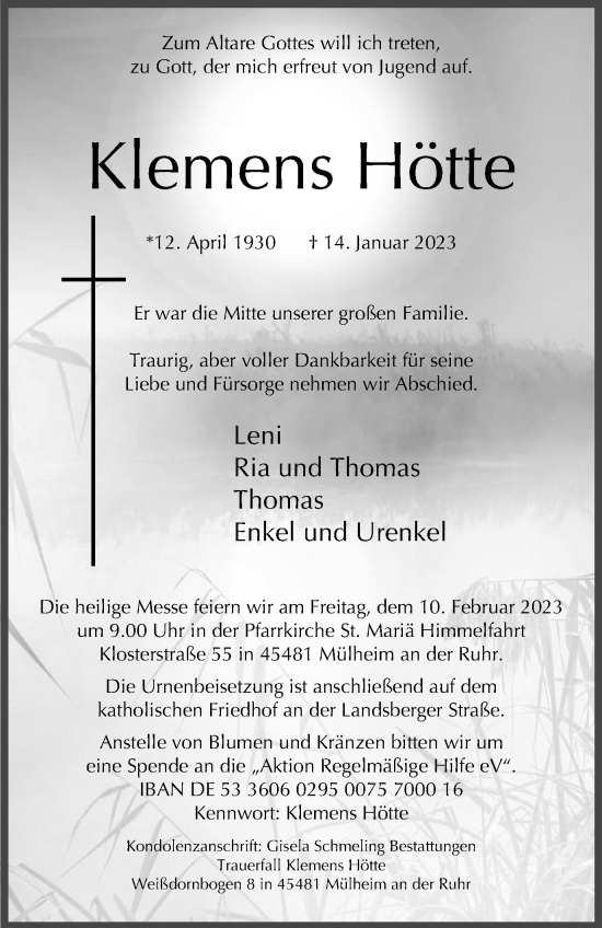 Traueranzeige von Klemens Hötte von WVW Anzeigenblätter