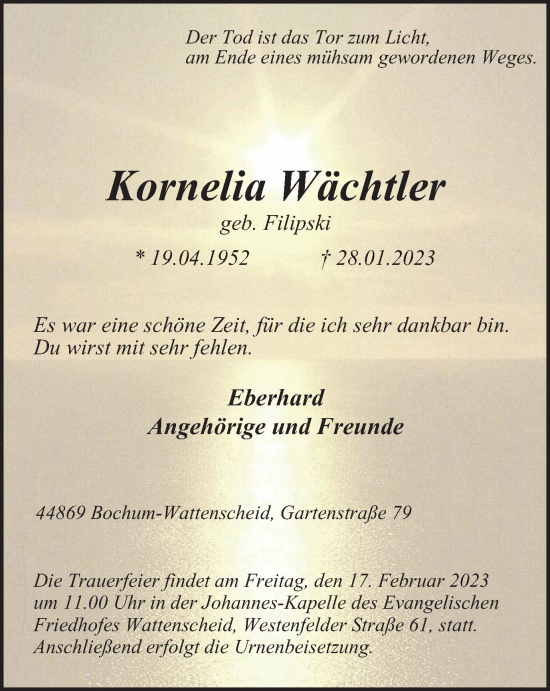 Traueranzeige von Kornelia Wächtler von Tageszeitung