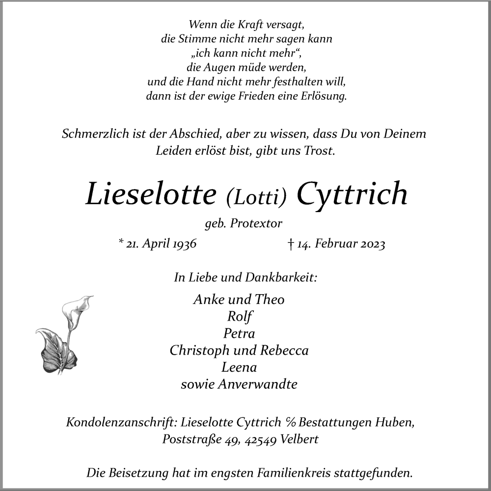  Traueranzeige für Lieselotte  Cyttrich vom 25.02.2023 aus WVW Anzeigenblätter