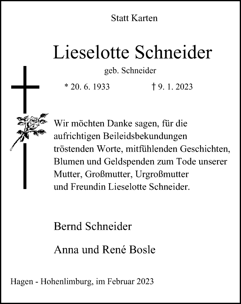  Traueranzeige für Lieselotte Schneider vom 18.02.2023 aus Tageszeitung