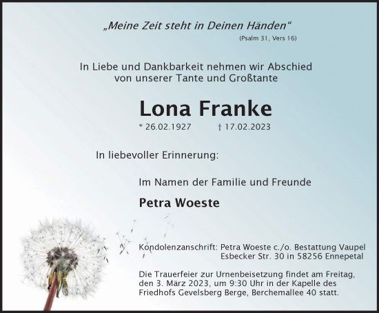 Traueranzeige von Lona Franke von Tageszeitung