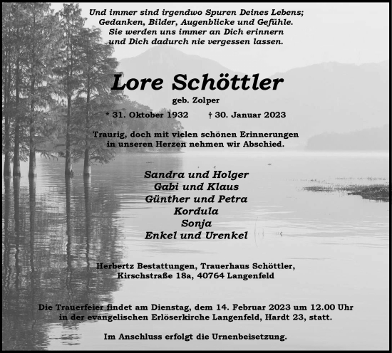 Traueranzeige von Lore Schöttler von WVW Anzeigenblätter