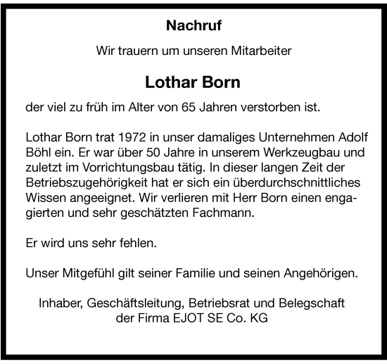 Traueranzeige von Lothar Born von Tageszeitung
