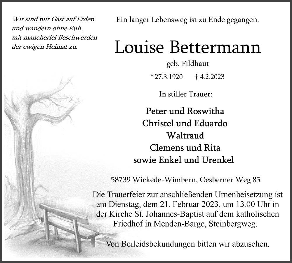  Traueranzeige für Louise Bettermann vom 11.02.2023 aus WVW Anzeigenblätter