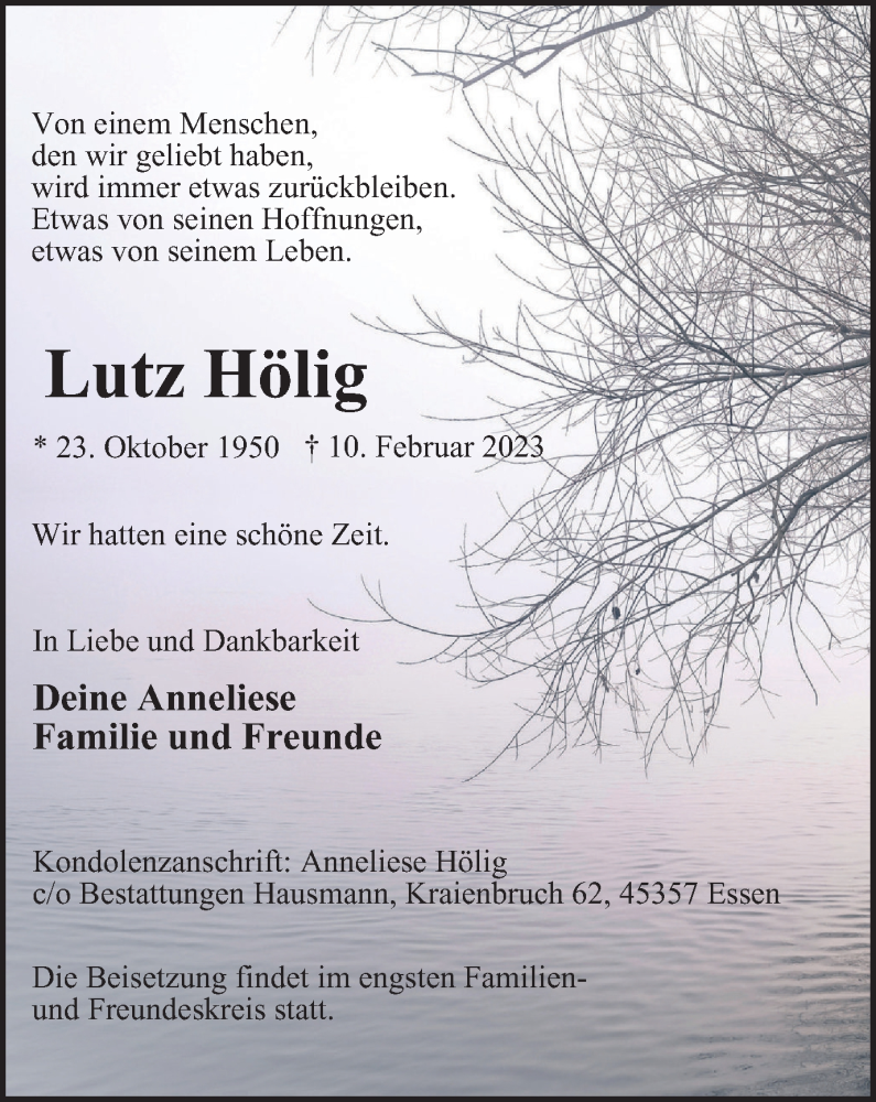  Traueranzeige für Lutz Hölig vom 18.02.2023 aus Tageszeitung