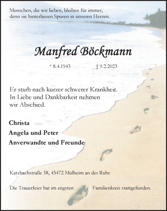 Traueranzeige von Manfred Böckmann von WVW Anzeigenblätter