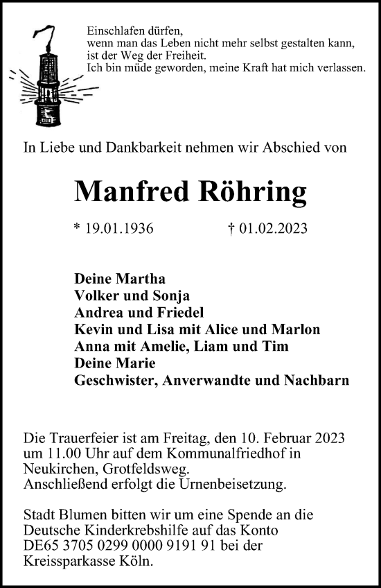 Traueranzeige von Manfred Röhring von Tageszeitung