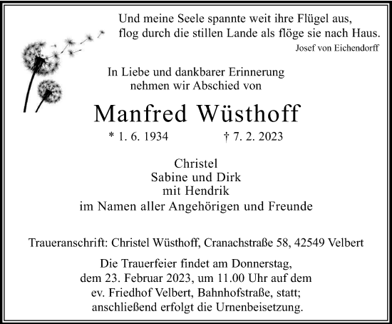 Traueranzeige von Manfred Wüsthoff von Tageszeitung