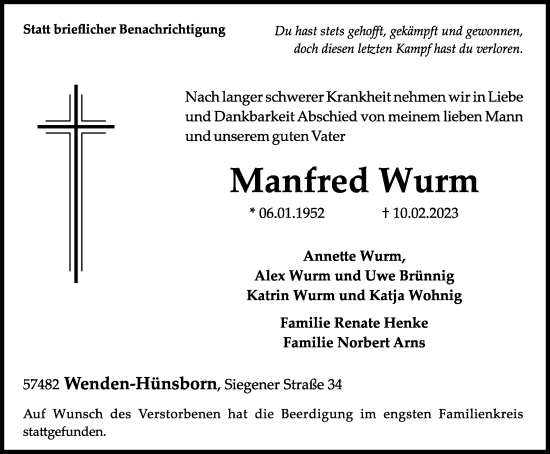 Traueranzeige von Manfred Wurm von Tageszeitung