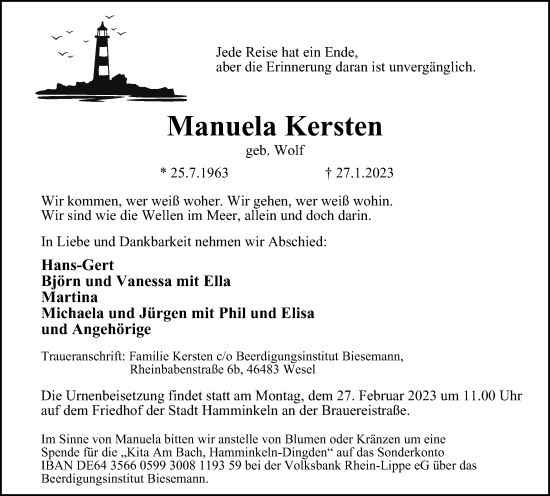 Traueranzeige von Manuela Kersten von Tageszeitung