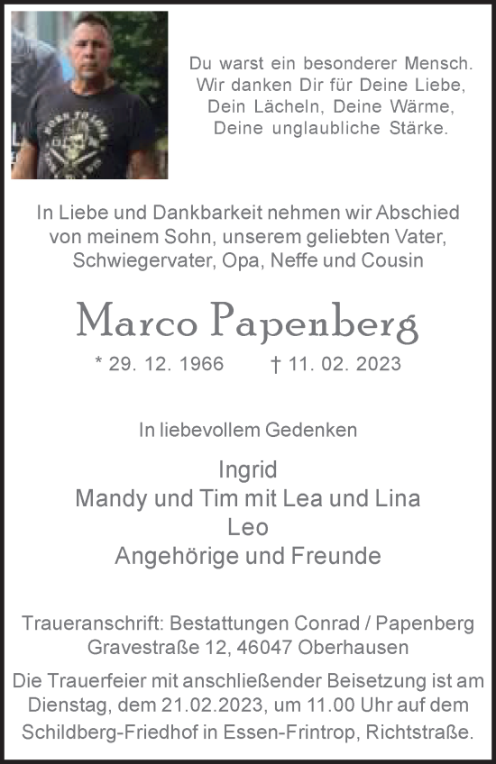 Traueranzeige von Marco Papenberg von WVW Anzeigenblätter