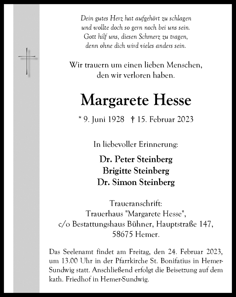  Traueranzeige für Margarete Hesse vom 18.02.2023 aus Tageszeitung