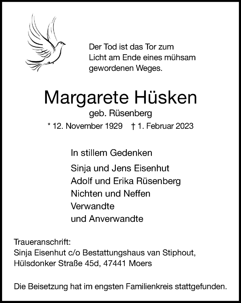  Traueranzeige für Margarete Hüsken vom 10.02.2023 aus Tageszeitung