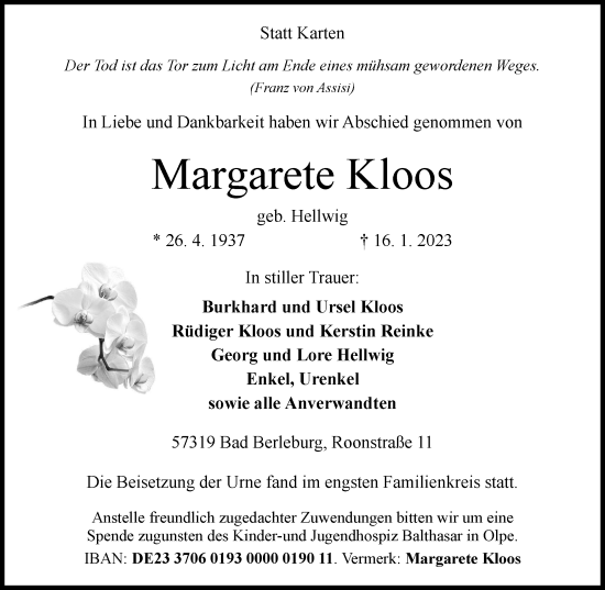Traueranzeige von Margarete Kloos von Tageszeitung