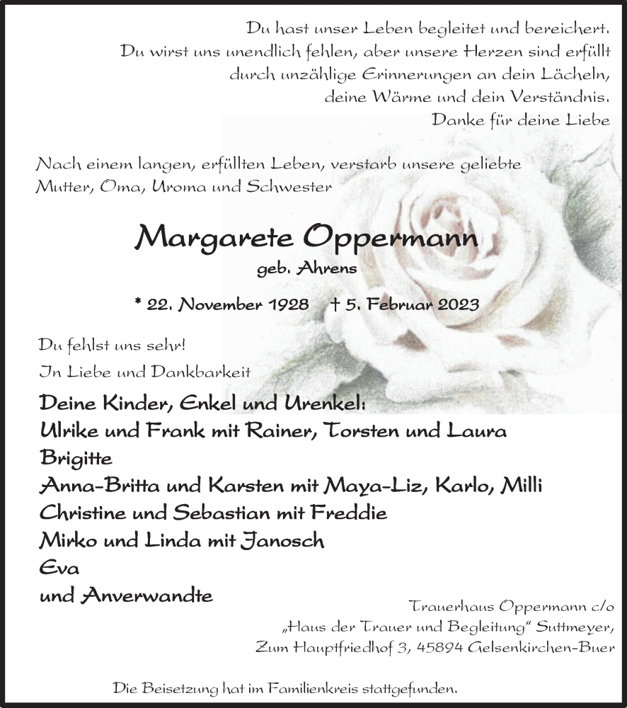  Traueranzeige für Margarete Oppermann vom 18.02.2023 aus WVW Anzeigenblätter