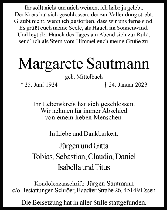 Traueranzeige von Margarete Sautmann von Tageszeitung
