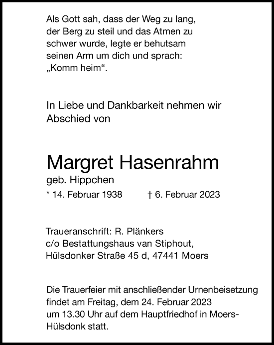 Traueranzeige von Margret Hasenrahm von Tageszeitung