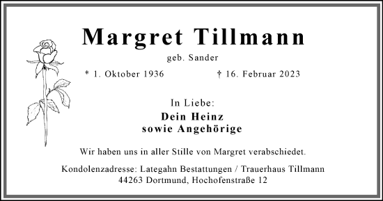 Traueranzeige von Margret Tillmann von Tageszeitung