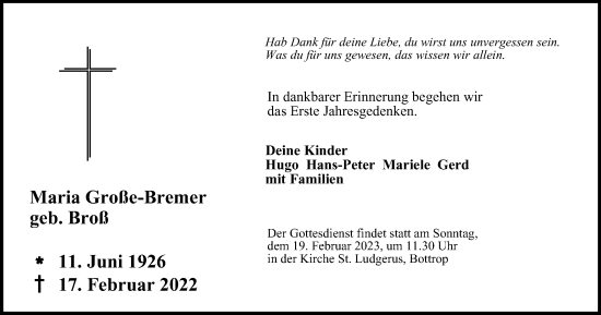 Traueranzeige von Maria Große-Bremer von Tageszeitung