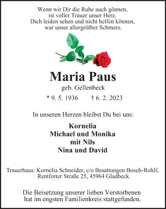 Traueranzeige von Maria Paus von WVW Anzeigenblätter