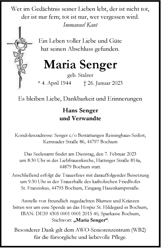 Traueranzeige von Maria Senger von Tageszeitung