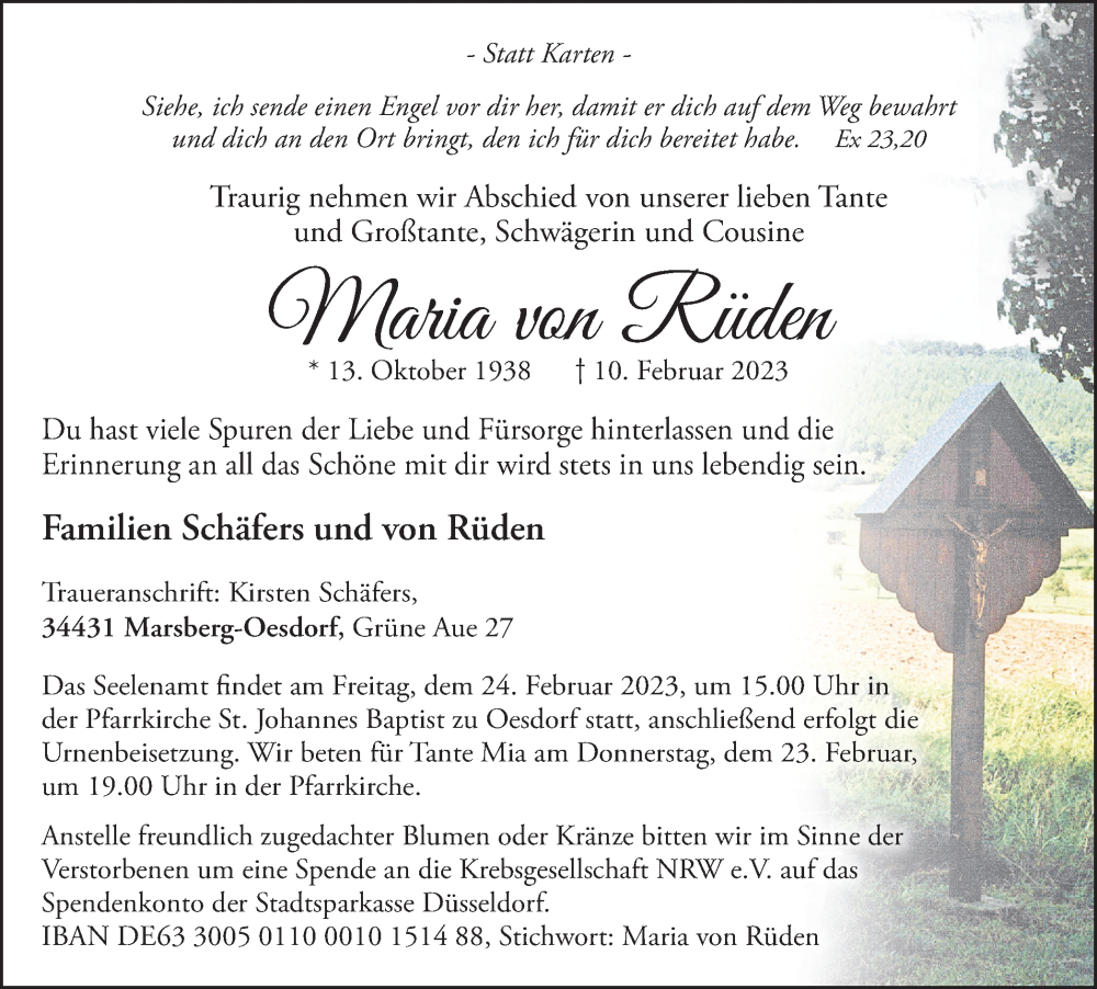  Traueranzeige für Maria von Rüden vom 18.02.2023 aus Tageszeitung